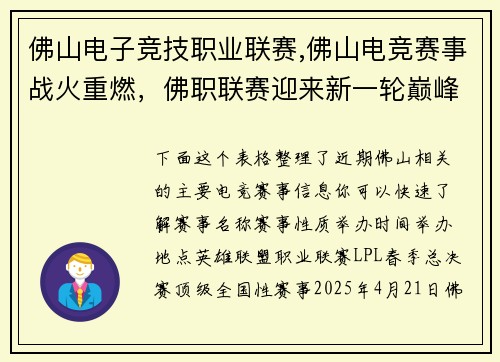 佛山电子竞技职业联赛,佛山电竞赛事战火重燃，佛职联赛迎来新一轮巅峰对决